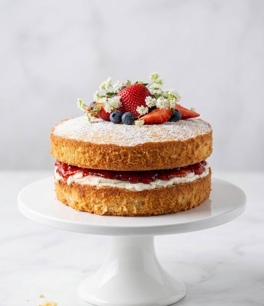 Victoria sponge cake with fresh berries and cream