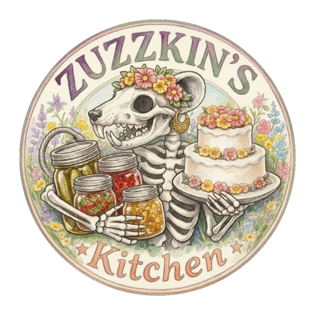 Zuzzkin's Kitchen — skeleton opossum mascot with cake, mason jars, and wildflowers